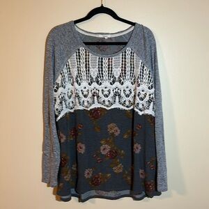Grey lace and floral print sweater
